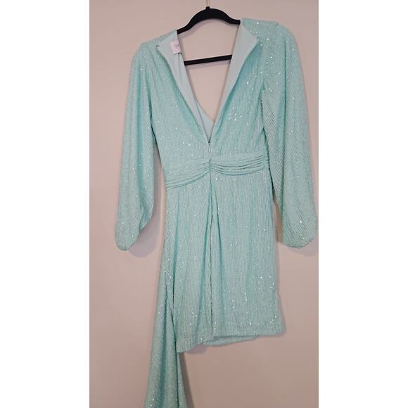 ONE33 Social Sequin Ruched Asymmetric Hem Mini Dress Aqua Size 4 - Picture 4 of 8